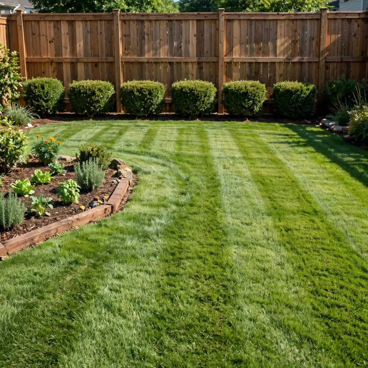 Maintained fenced backyard with a striped green lawn
