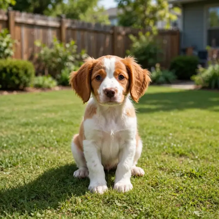 Brittany spaniel puppy sitting on a clean lawn