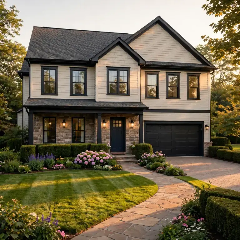 Suburban home with a tidy lawn and landscaped curb appeal