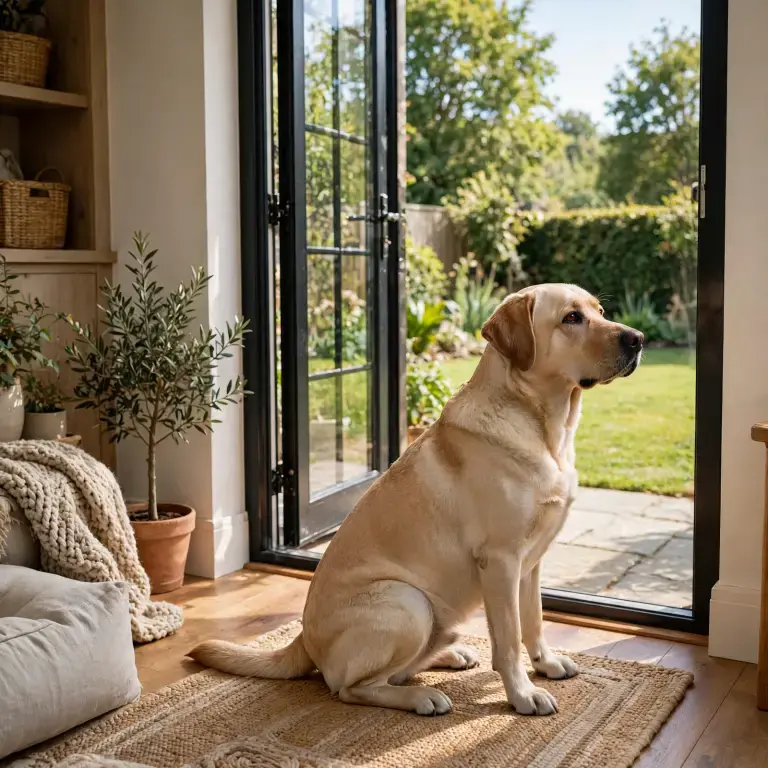Dog sitting by a glass back door looking out at the yard