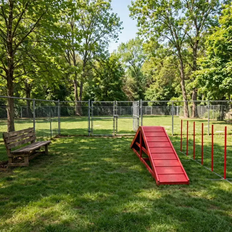 Fenced dog park with open grass, benches, and a walking path