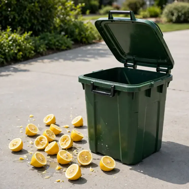 Open trash bin with fresh lemons scattered beside it