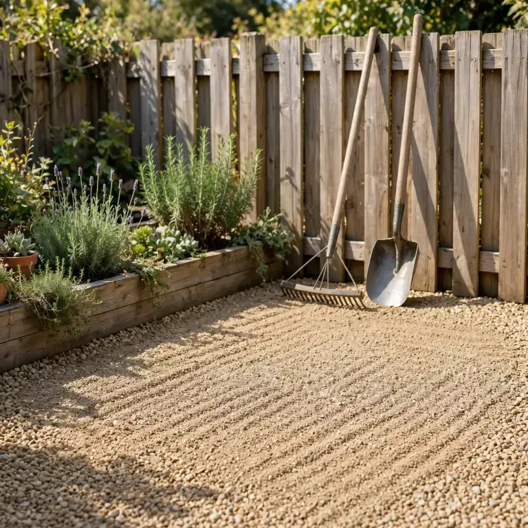Tidy gravel patio with a rake and scoop tools by a fence