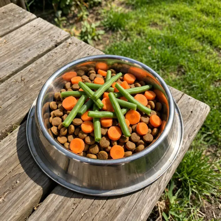 Healthy dog meal with kibble and fresh vegetables