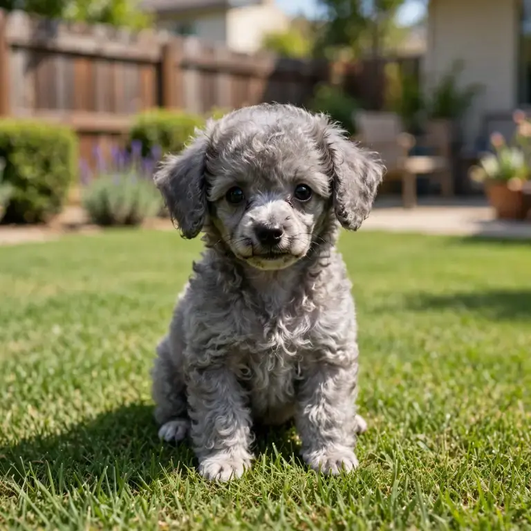 Miniature Poodle puppy sitting on a clean lawn