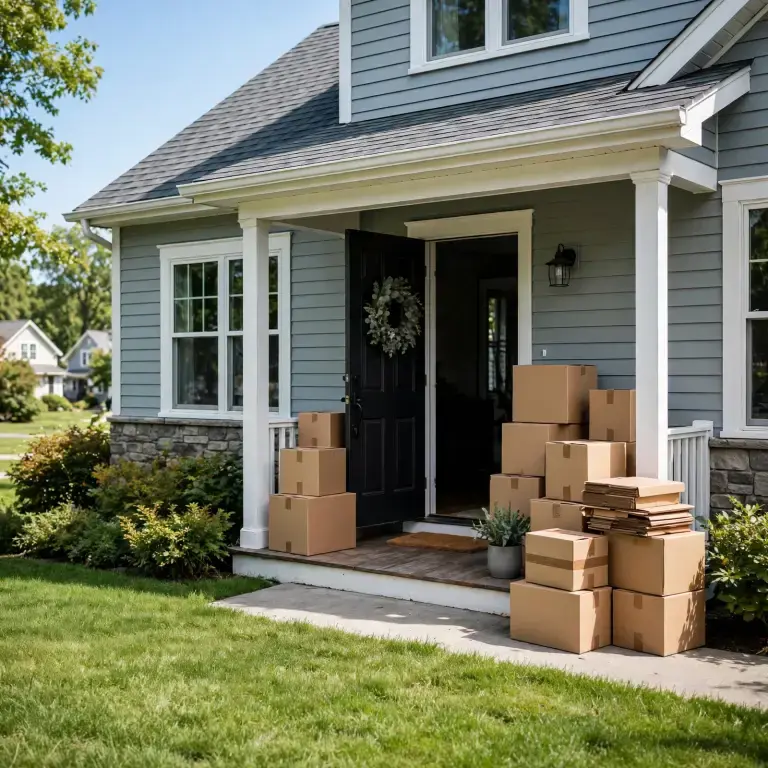 Moving boxes stacked by the front door of a suburban home