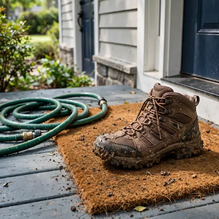 Muddy boot on a doormat beside a garden hose