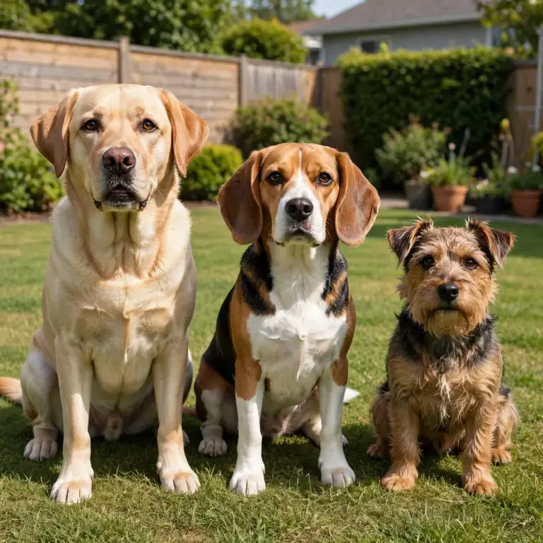 Three dogs of different sizes playing together on a lawn