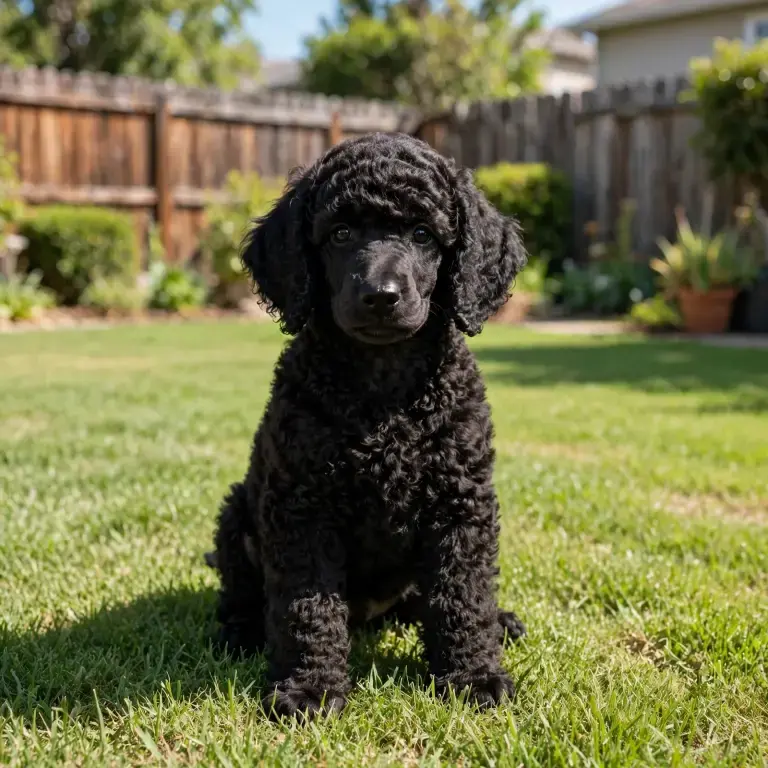 Standard Poodle puppy sitting on a clean lawn