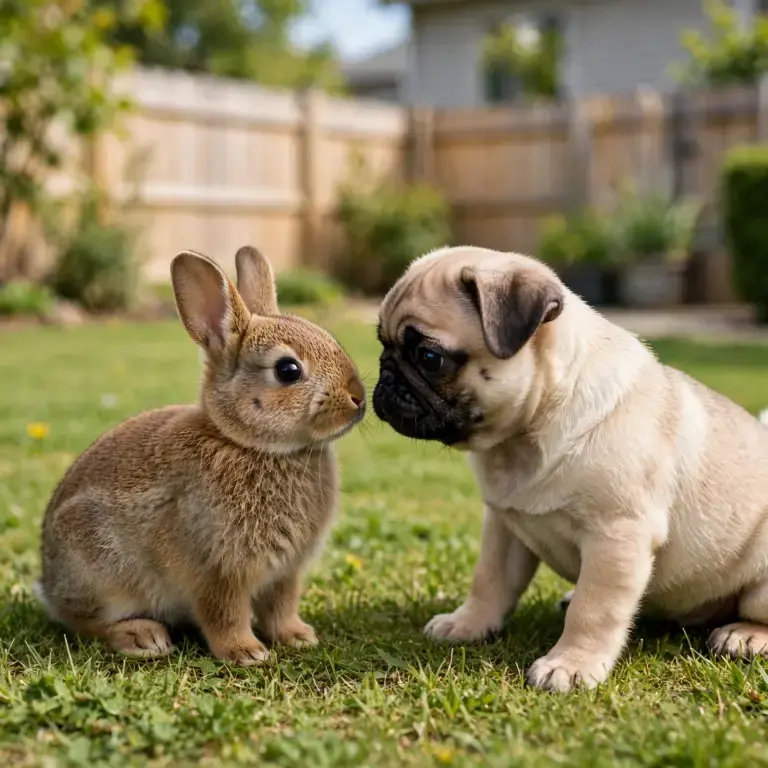 Rabbit and puppy facing each other on a lawn