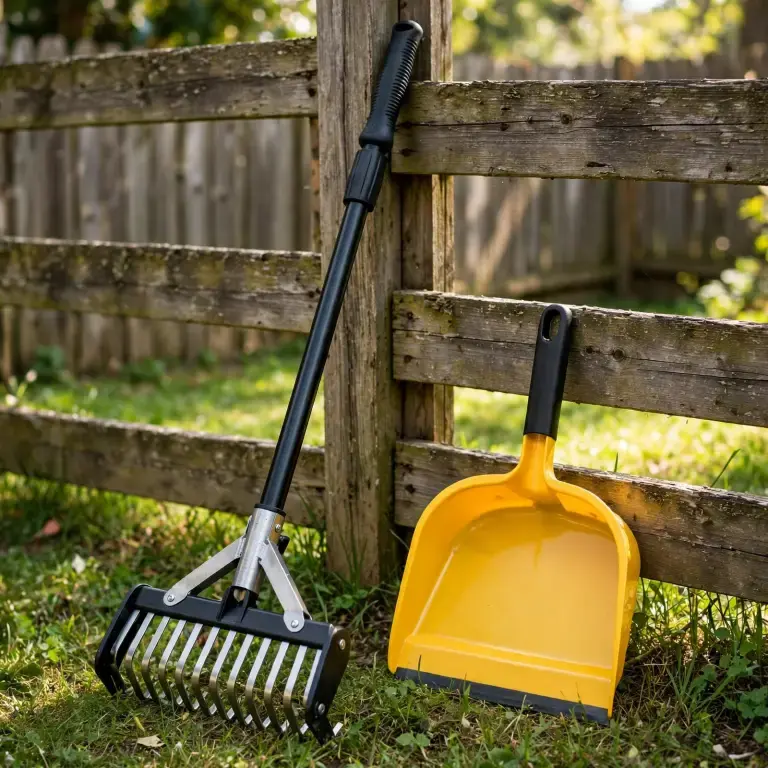 Professional scoop and bag tools resting on a clean lawn
