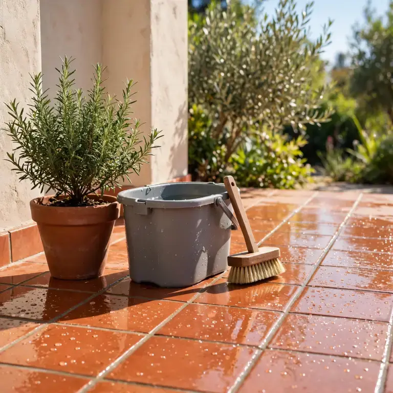 Sparkling clean tiled patio with a mop bucket