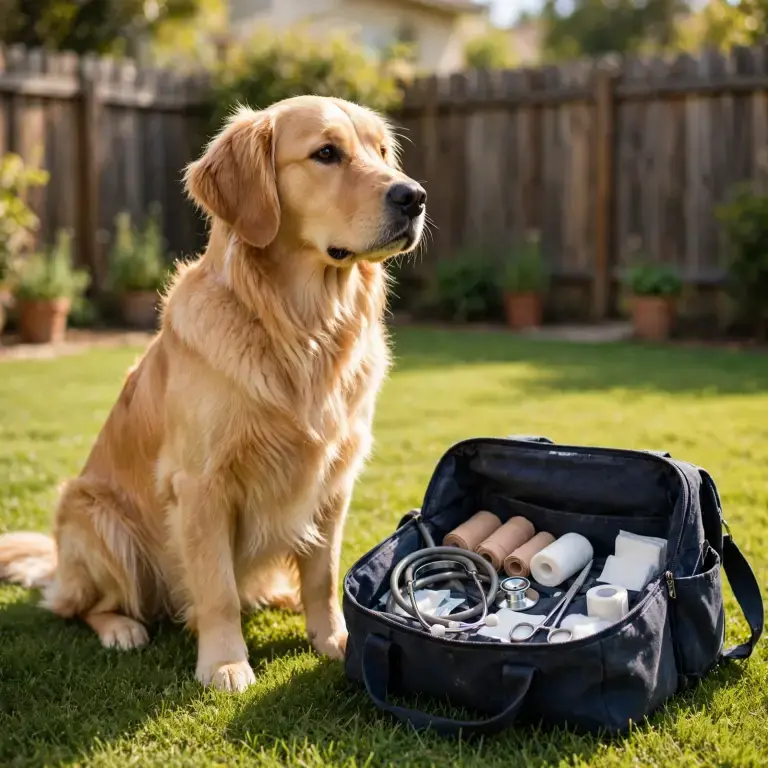 Golden retriever beside a veterinary bag on a lawn