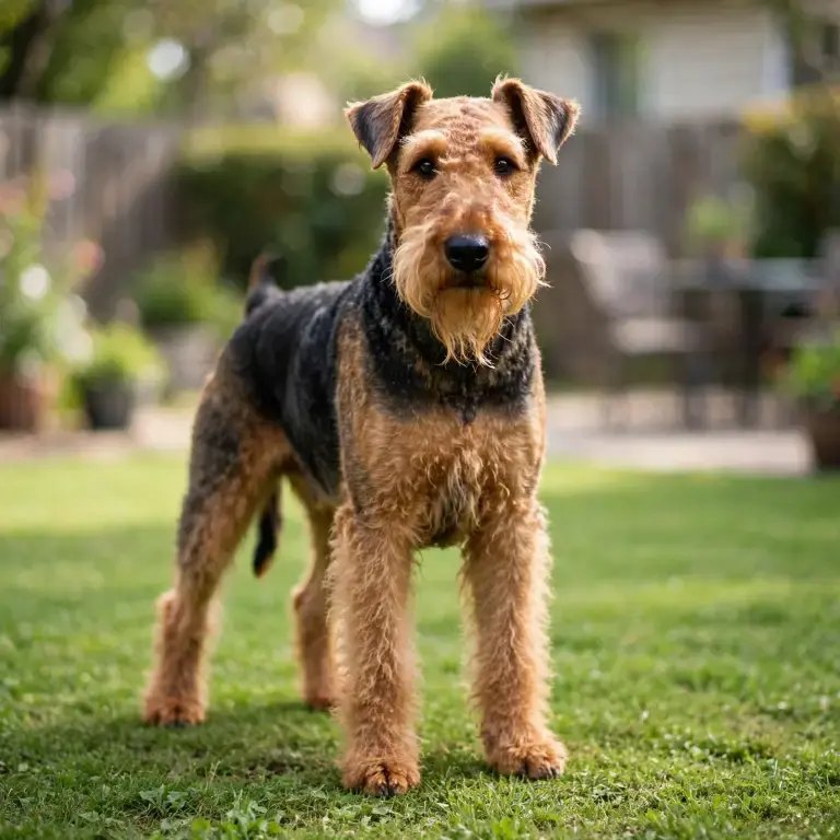 Airedale Terrier standing on a clean green lawn