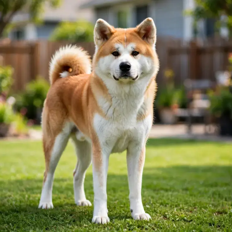 Akita standing on a clean green lawn