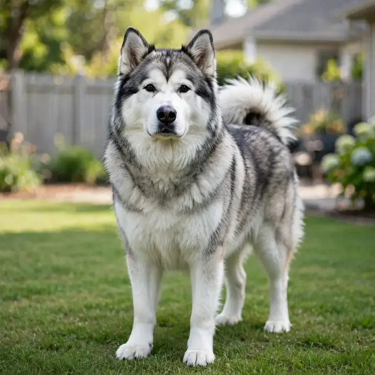 Alaskan Malamute standing on a clean green lawn