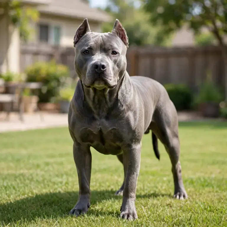 American Staffordshire Terrier standing on a clean green lawn