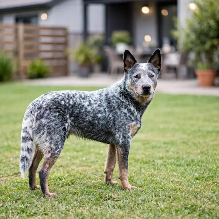 Australian Cattle Dog standing on a clean green lawn