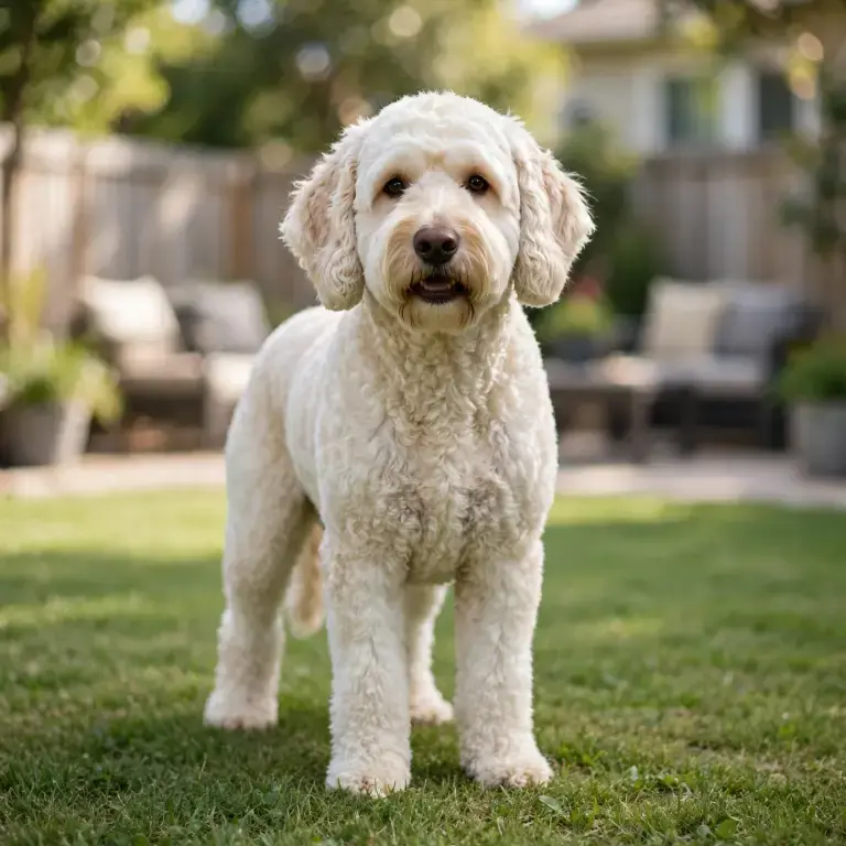 Australian Labradoodle standing on a clean green lawn