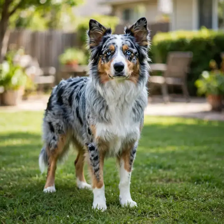 Australian Shepherd standing on a clean green lawn