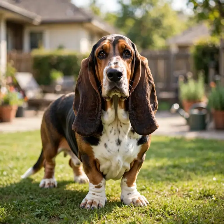 Basset Hound standing on a clean green lawn
