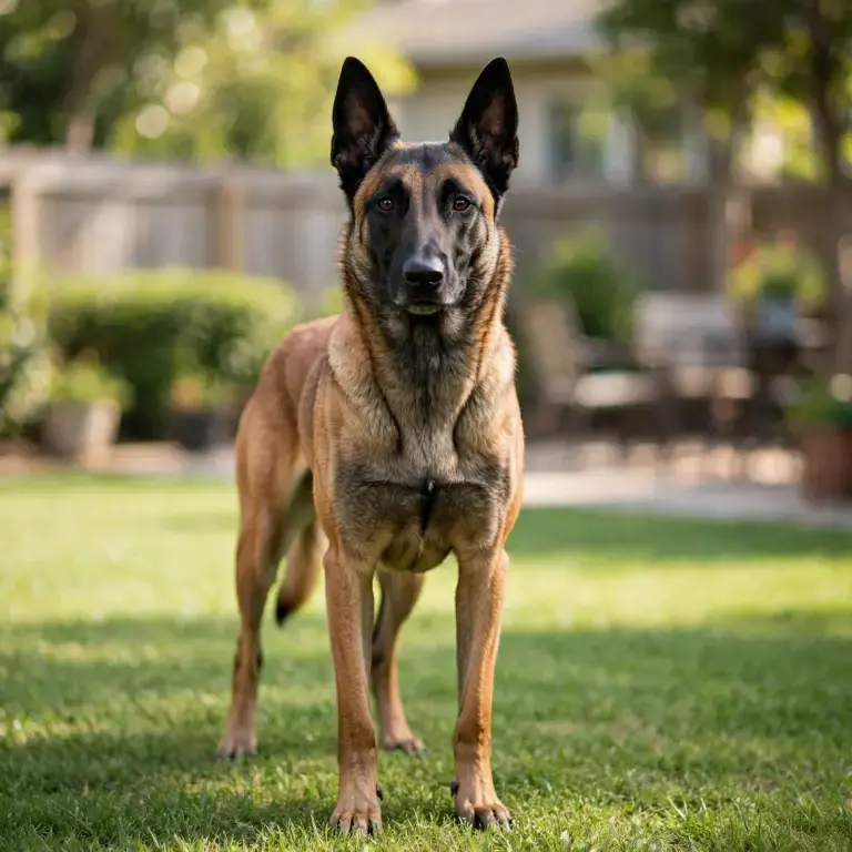Belgian Malinois standing on a clean green lawn