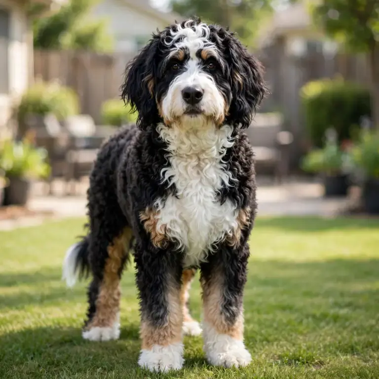 Bernedoodle standing on a clean green lawn