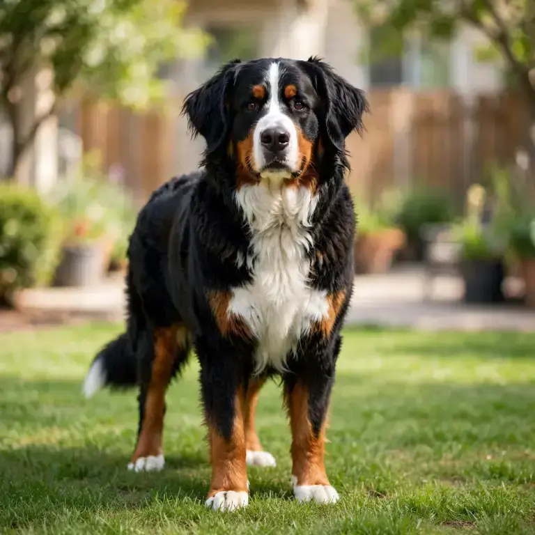 Bernese Mountain Dog standing on a clean green lawn