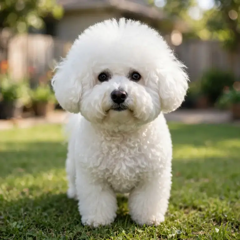 Bichon Frise standing on a clean green lawn