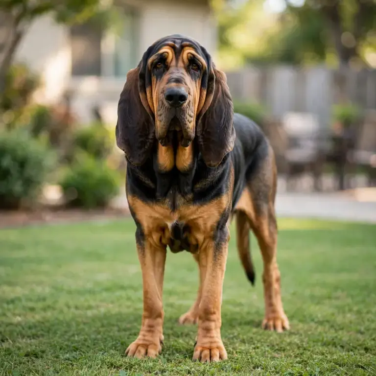 Bloodhound standing on a clean green lawn