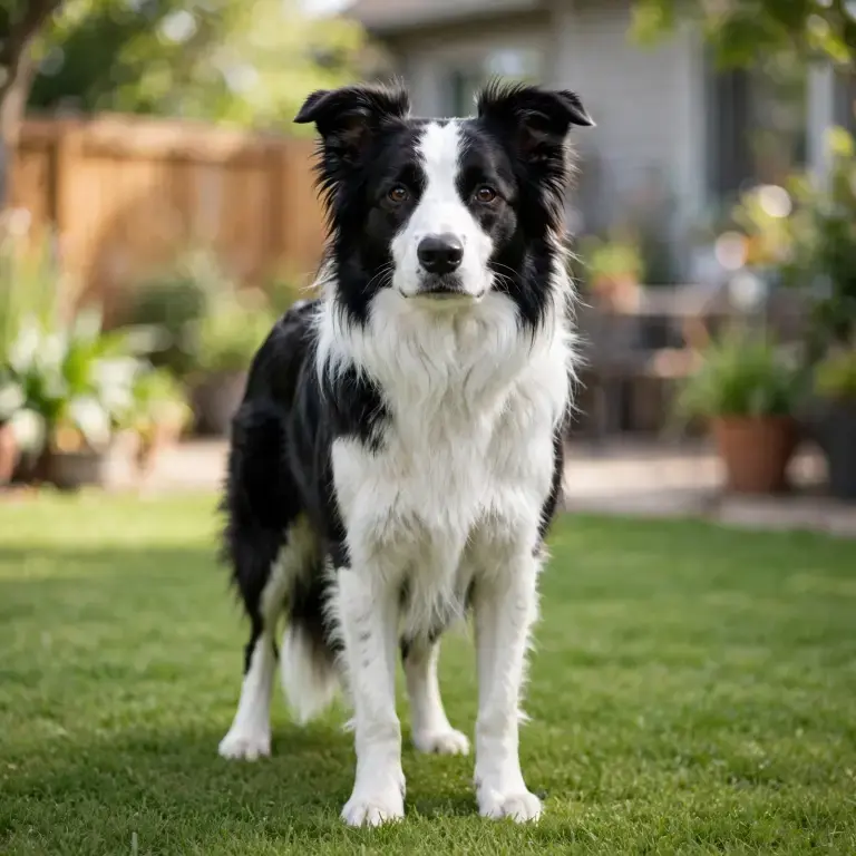 Border Collie standing on a clean green lawn