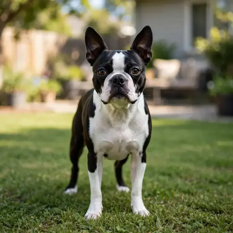 Boston Terrier standing on a clean green lawn