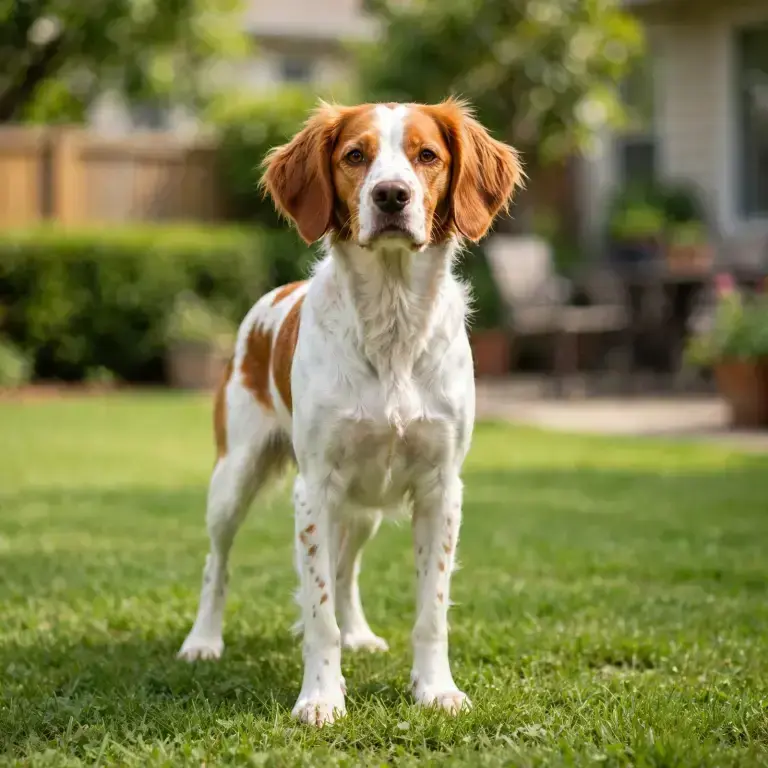 Brittany standing on a clean green lawn