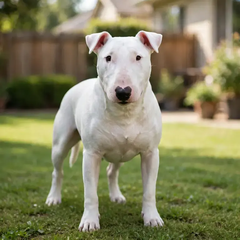 Bull Terrier standing on a clean green lawn