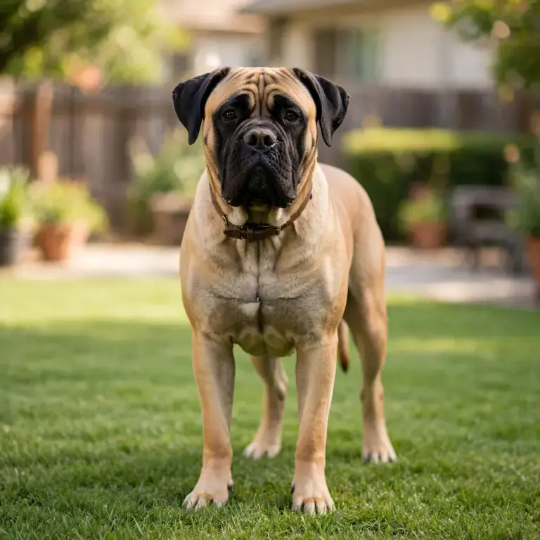 Bullmastiff standing on a clean green lawn