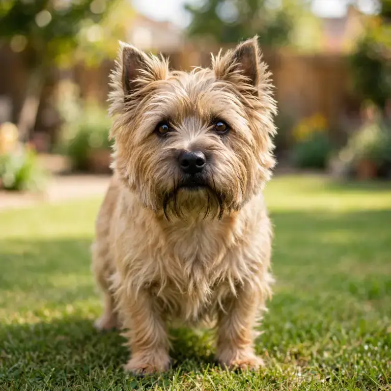 Cairn Terrier standing on a clean green lawn