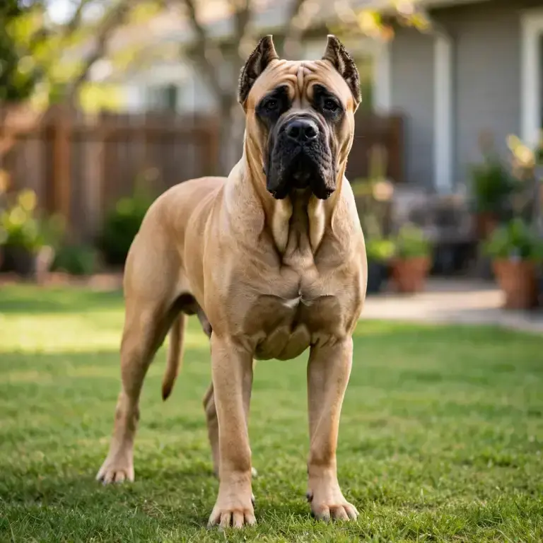 Cane Corso standing on a clean green lawn