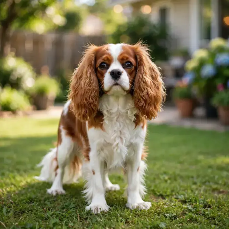 Cavalier King Charles Spaniel standing on a clean green lawn