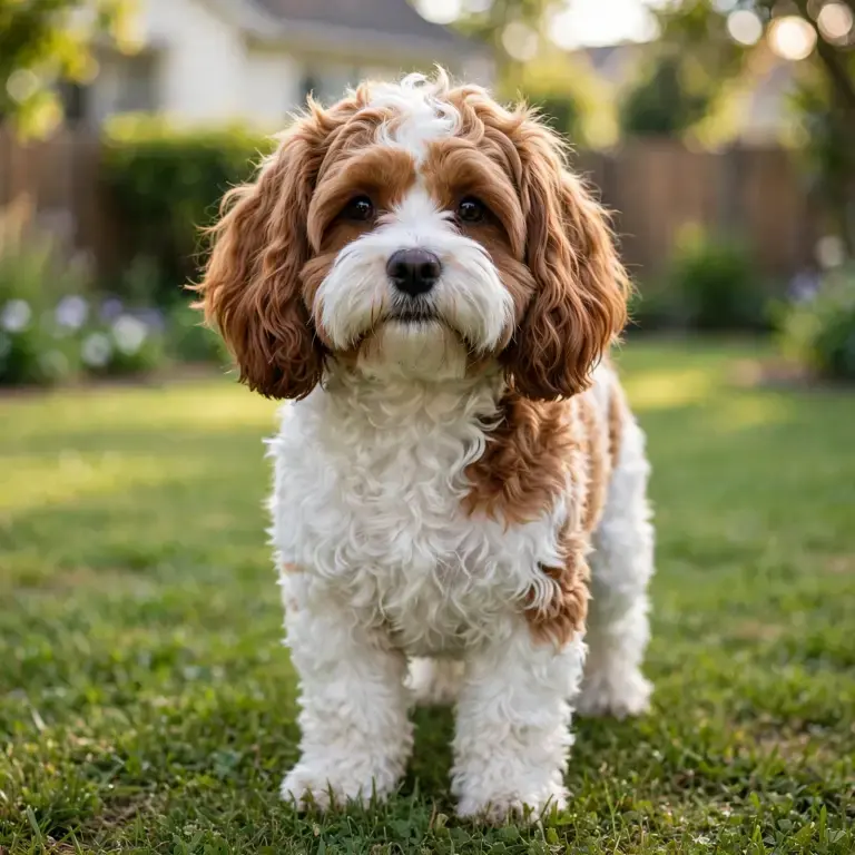Cavapoo standing on a clean green lawn