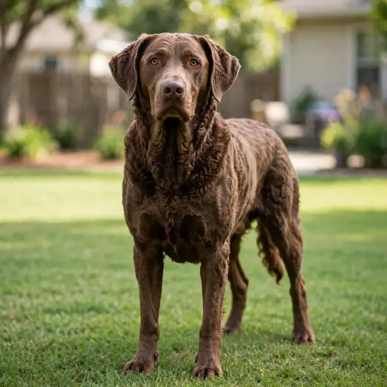 Chesapeake Bay Retriever standing on a clean green lawn