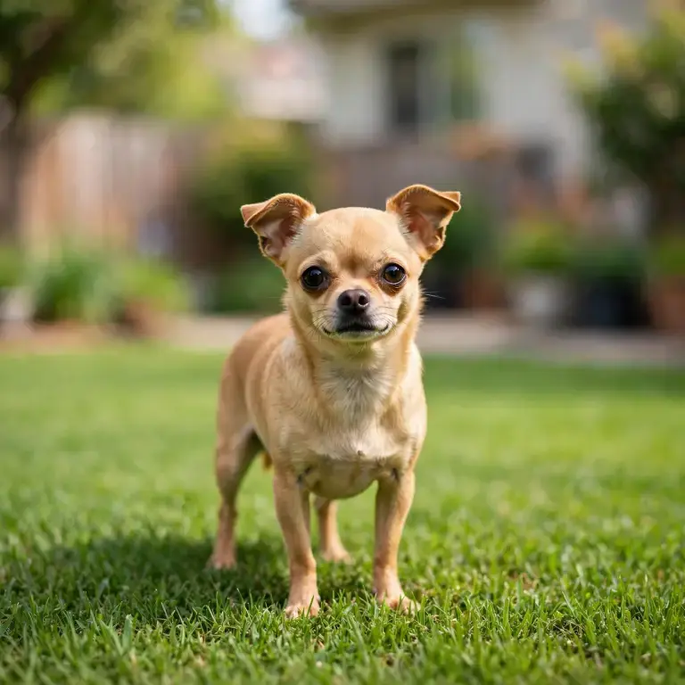 Chihuahua standing on a clean green lawn
