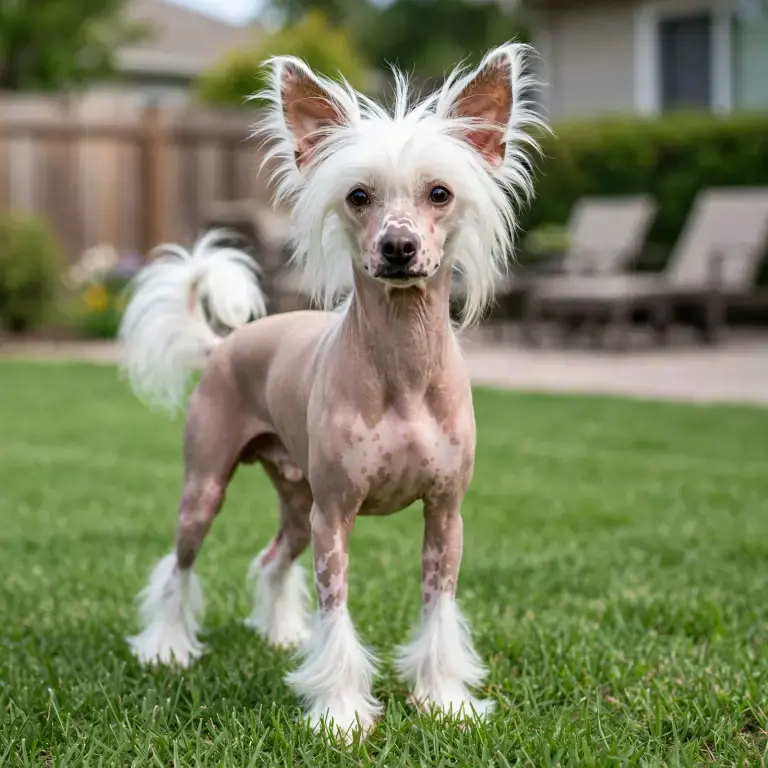 Chinese Crested standing on a clean green lawn