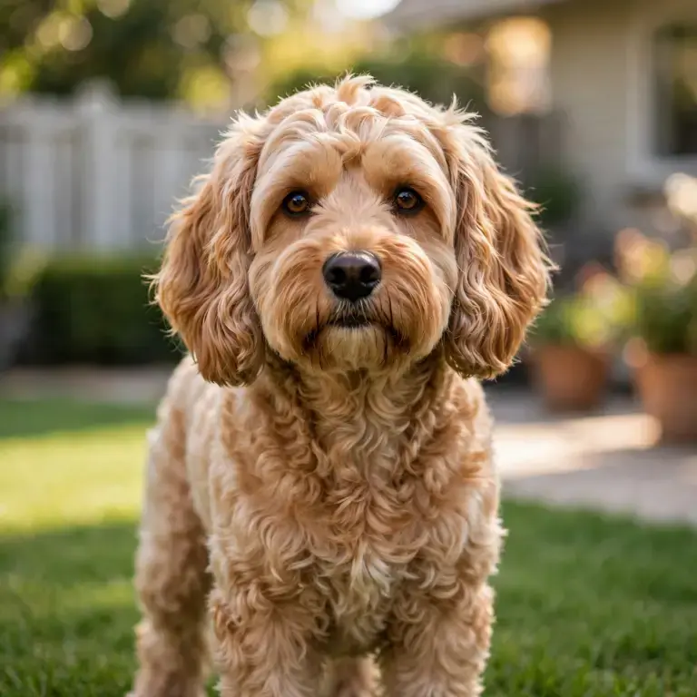 Cockapoo standing on a clean green lawn