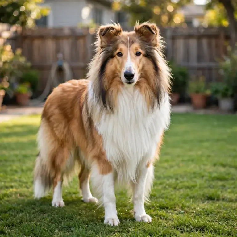 Collie standing on a clean green lawn