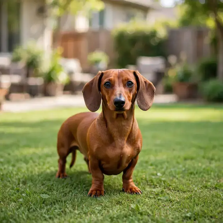 Dachshund standing on a clean green lawn