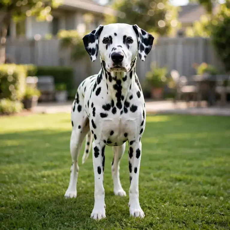 Dalmatian standing on a clean green lawn