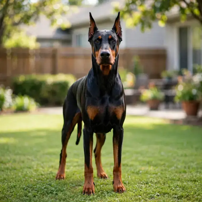 Doberman Pinscher standing on a clean green lawn