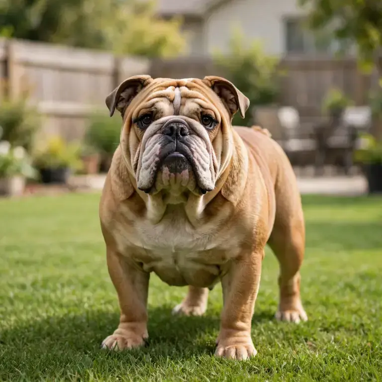 English Bulldog standing on a clean green lawn
