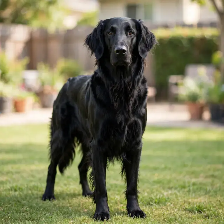Flat-Coated Retriever standing on a clean green lawn