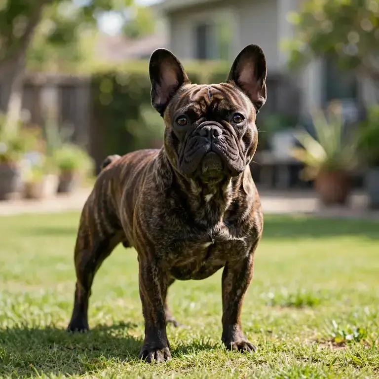 French Bulldog standing on a clean green lawn